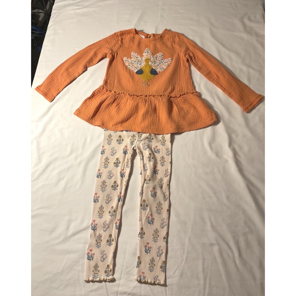 Mud Pie Girls 5T Thanksgiving Turkey Peplum Top and Floral Ribbed Leggings Set